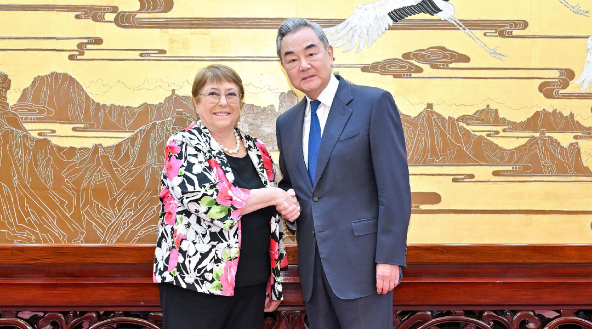 王毅会见下任联合国秘书长候选人巴切莱特。（图：新华社）