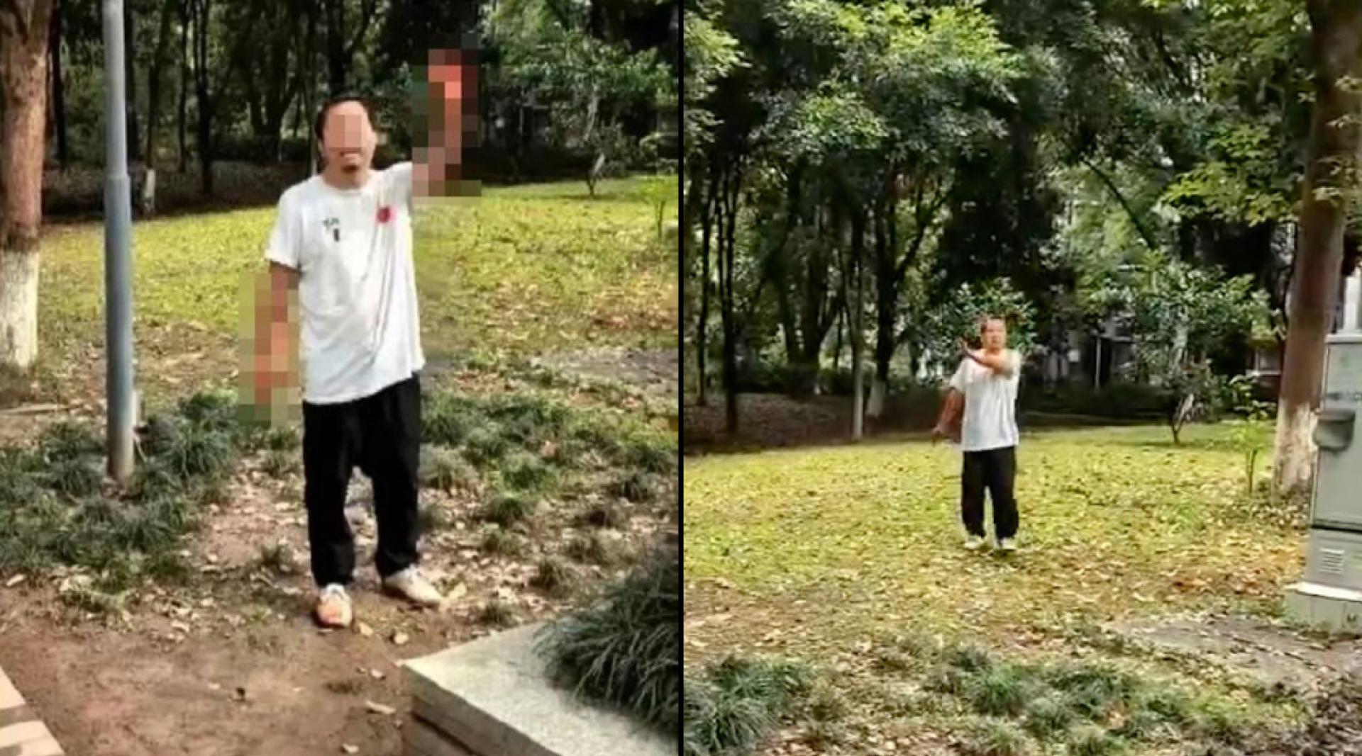 汪某行凶后情绪激动喊“我是替天行道、为民除害”。（影片截图）