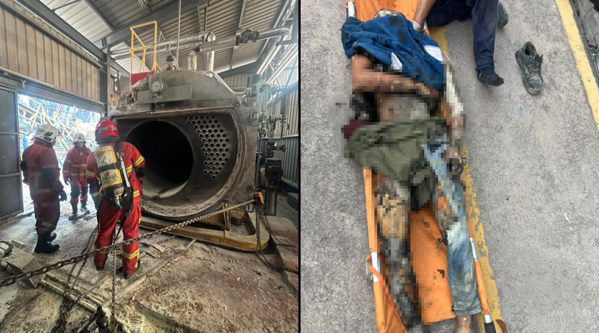 （左）消拯员受召到场提供援助。（右）死者全身遭到烧伤，当场死亡。