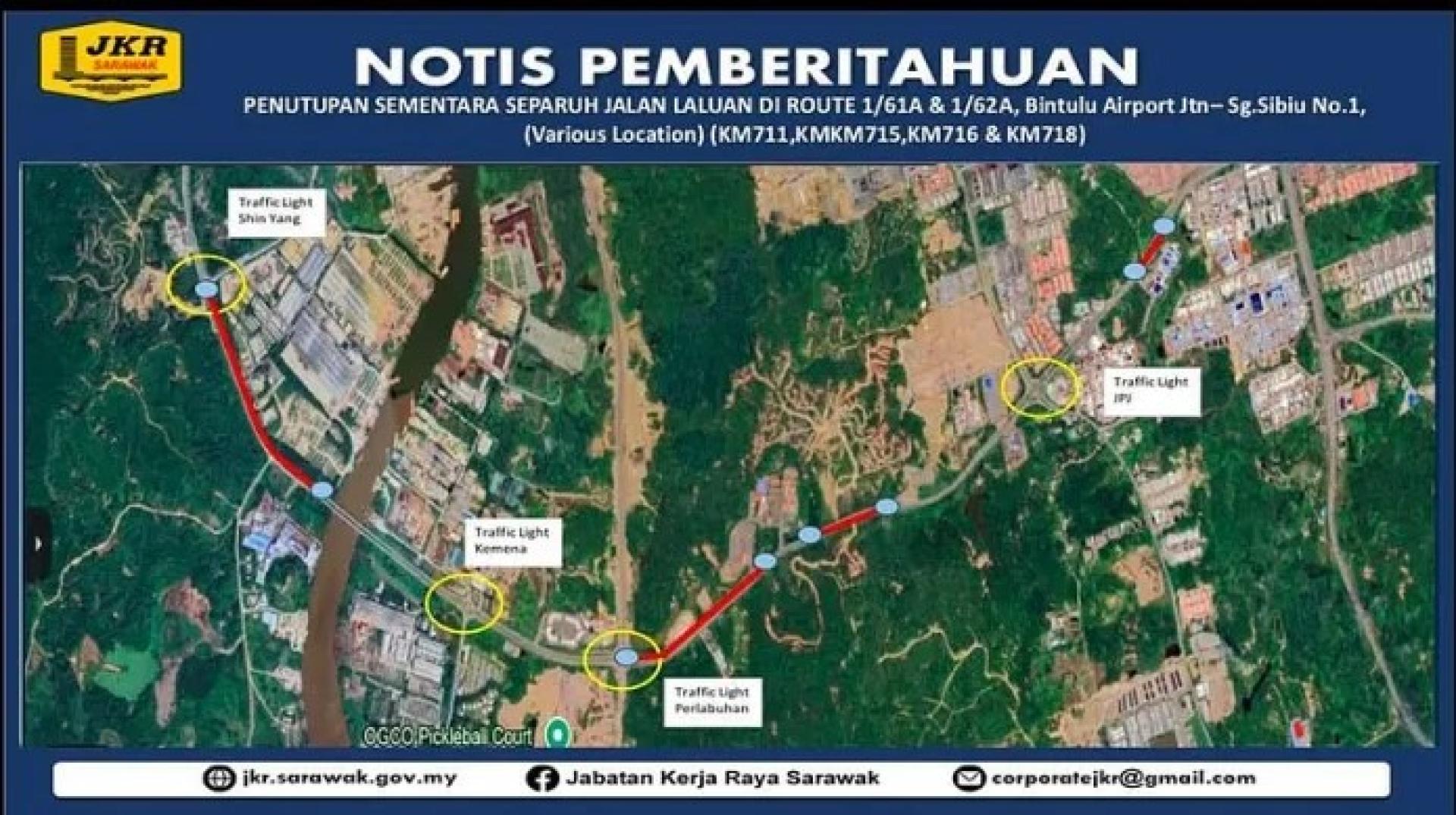 民都鲁机场路口至双溪西比尤路段受影响地点的区域示意图，该路段将于2026年7月13日至8月13日进行道路重铺工程。