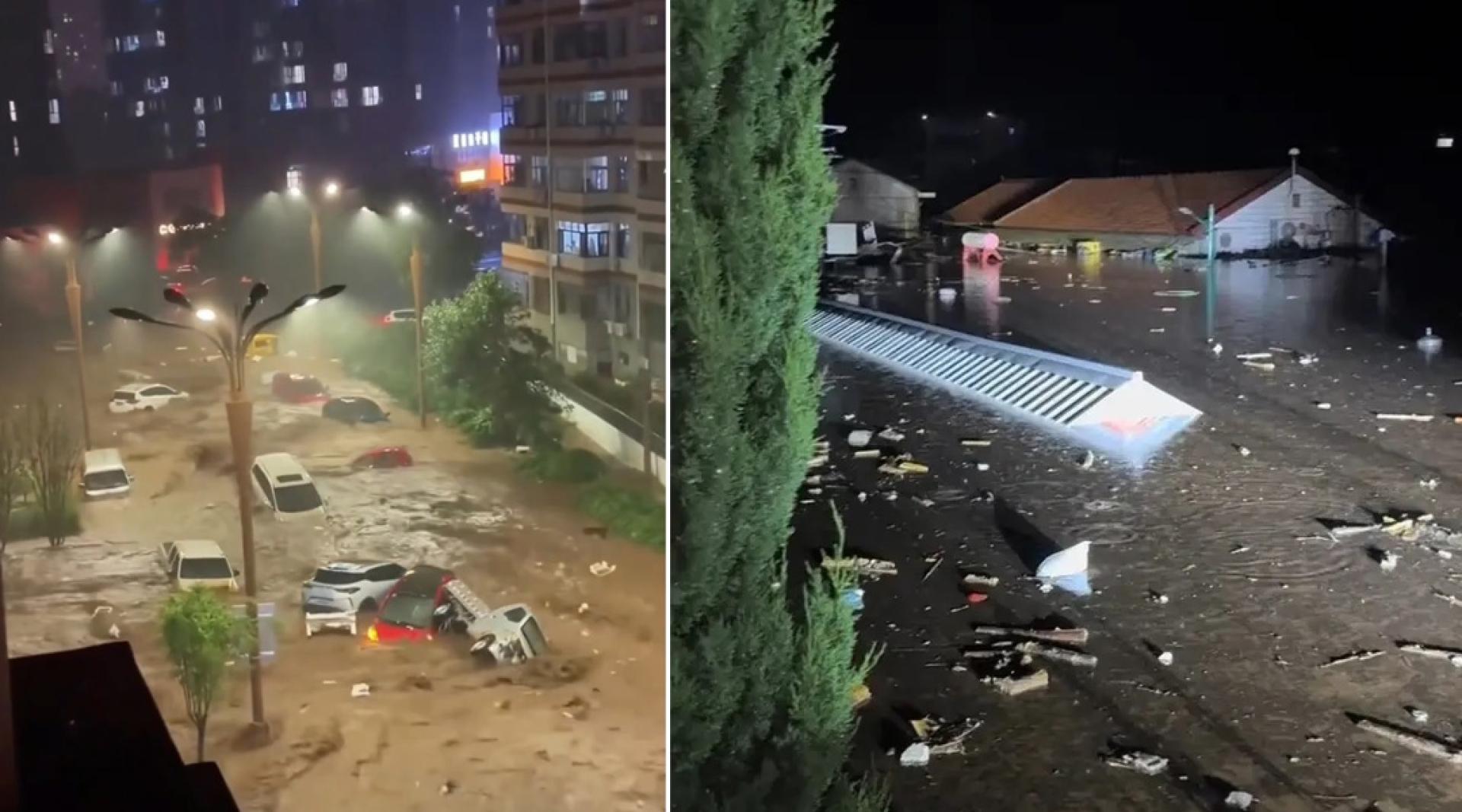 暴雨致宽城满族自治县水淹。左图为网民惊呼一辆红色轿车内疑似还有人。