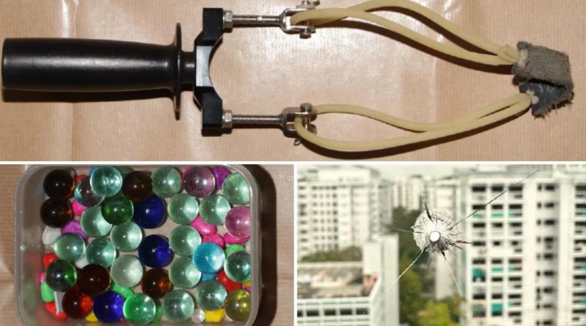 一名男子涉嫌使用弹弓发射玻璃弹珠，导致兀兰一个组屋单位的卧室窗户受损。