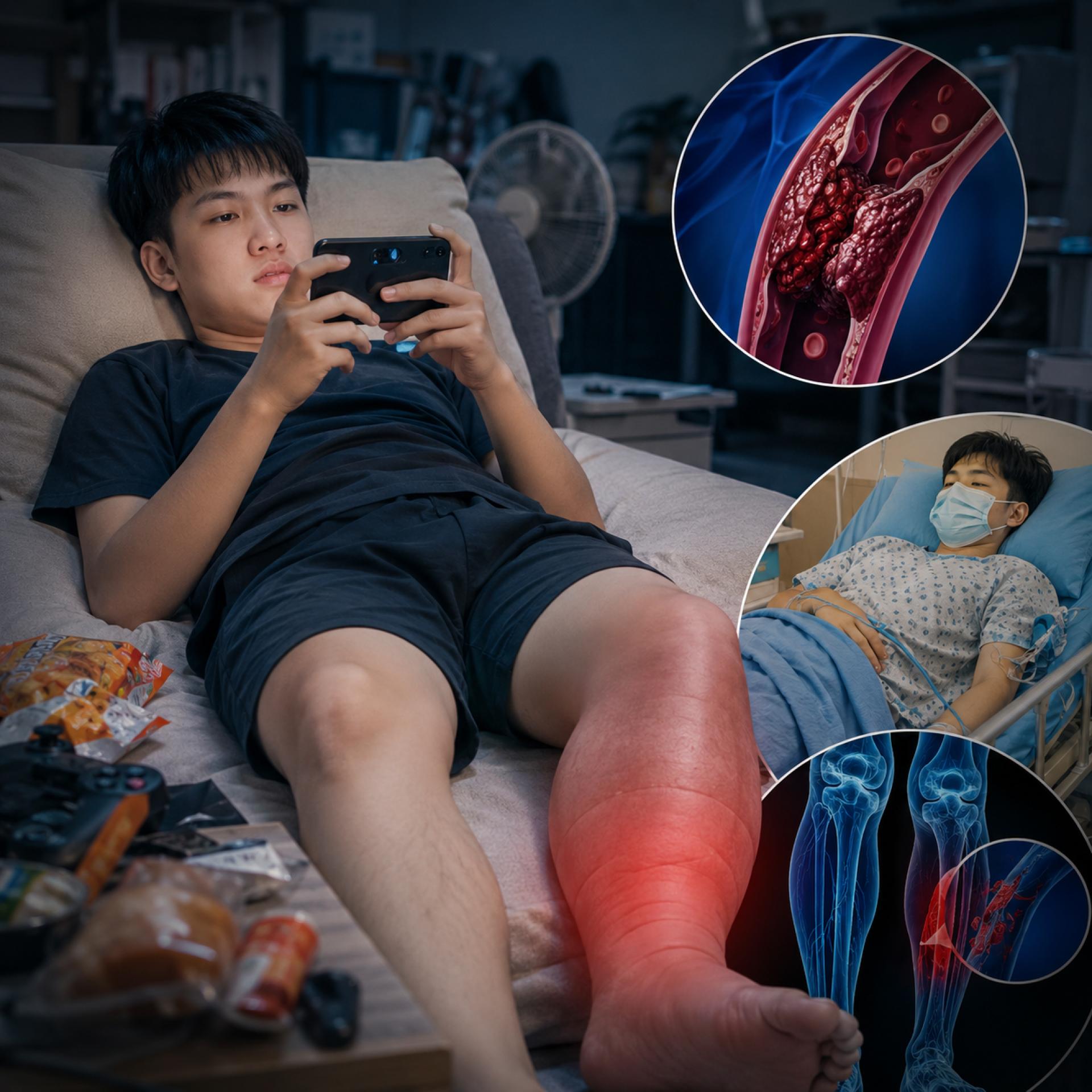 中国浙江一名刚完成高考的男学生，暑假每天躺着玩手机、打游戏逾5小时，因长期缺乏活动导致右腿肿痛，确诊下肢深静脉血栓（DVT），险些无法行走。（AI 生成示意图）